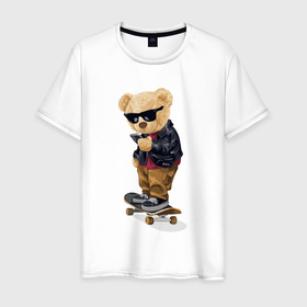 Мужская футболка хлопок с принтом Плюшевый медвежонок на скейте в Белгороде, 100% хлопок | прямой крой, круглый вырез горловины, длина до линии бедер, слегка спущенное плечо. | 