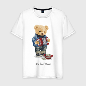 Мужская футболка хлопок с принтом Плюшевый медвежонок уличный музыкант в Новосибирске, 100% хлопок | прямой крой, круглый вырез горловины, длина до линии бедер, слегка спущенное плечо. | 