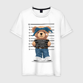 Мужская футболка хлопок с принтом Плюшевый медведь mugshot в Белгороде, 100% хлопок | прямой крой, круглый вырез горловины, длина до линии бедер, слегка спущенное плечо. | 
