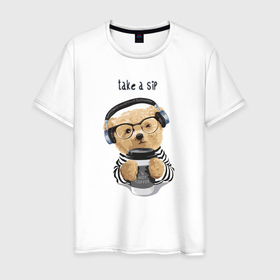 Мужская футболка хлопок с принтом Плюшевый медвежонок хлебни кофейку в Белгороде, 100% хлопок | прямой крой, круглый вырез горловины, длина до линии бедер, слегка спущенное плечо. | 