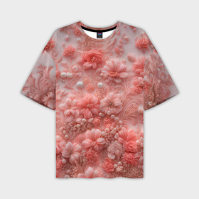 Мужская футболка oversize 3D с принтом Розовые вышитые цветы с жемчужинами в Новосибирске,  |  | 