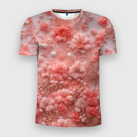 Мужская футболка 3D Slim с принтом Розовые вышитые цветы с жемчужинами в Новосибирске, 100% полиэстер с улучшенными характеристиками | приталенный силуэт, круглая горловина, широкие плечи, сужается к линии бедра | 