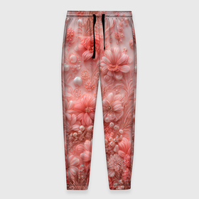 Мужские брюки 3D с принтом Розовые вышитые цветы с жемчужинами в Новосибирске, 100% полиэстер | манжеты по низу, эластичный пояс регулируется шнурком, по бокам два кармана без застежек, внутренняя часть кармана из мелкой сетки | 