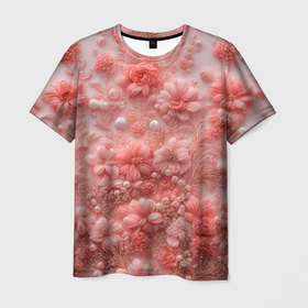 Мужская футболка 3D с принтом Розовые вышитые цветы с жемчужинами в Новосибирске, 100% полиэфир | прямой крой, круглый вырез горловины, длина до линии бедер | 