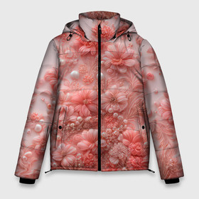 Мужская зимняя куртка 3D с принтом Розовые вышитые цветы с жемчужинами в Новосибирске, верх — 100% полиэстер; подкладка — 100% полиэстер; утеплитель — 100% полиэстер | длина ниже бедра, свободный силуэт Оверсайз. Есть воротник-стойка, отстегивающийся капюшон и ветрозащитная планка. 

Боковые карманы с листочкой на кнопках и внутренний карман на молнии. | 