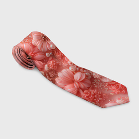 Галстук 3D с принтом Розовые вышитые цветы с жемчужинами в Белгороде, 100% полиэстер | Длина 148 см; Плотность 150-180 г/м2 | 