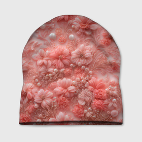 Шапка 3D с принтом Розовые вышитые цветы с жемчужинами в Новосибирске, 100% полиэстер | универсальный размер, печать по всей поверхности изделия | 