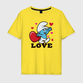Мужская футболка хлопок Oversize с принтом Смурфик на День святого Валентина в Санкт-Петербурге, 100% хлопок | свободный крой, круглый ворот, “спинка” длиннее передней части | 