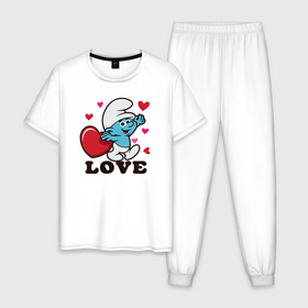 Мужская пижама хлопок с принтом Смурфик на День святого Валентина в Санкт-Петербурге, 100% хлопок | брюки и футболка прямого кроя, без карманов, на брюках мягкая резинка на поясе и по низу штанин
 | 