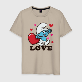 Мужская футболка хлопок с принтом Смурфик на День святого Валентина в Екатеринбурге, 100% хлопок | прямой крой, круглый вырез горловины, длина до линии бедер, слегка спущенное плечо. | 
