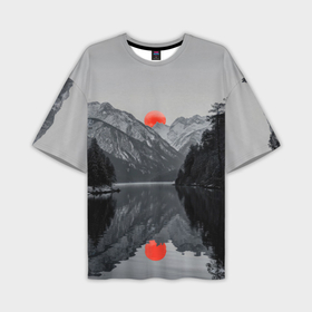 Мужская футболка oversize 3D с принтом Алое солнце над горами ,  |  | 