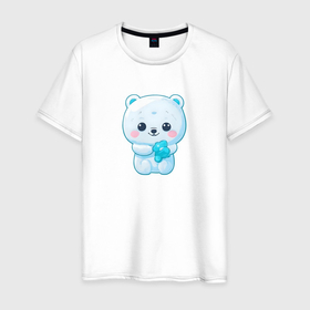 Мужская футболка хлопок с принтом Белый полярный медвежонок в Белгороде, 100% хлопок | прямой крой, круглый вырез горловины, длина до линии бедер, слегка спущенное плечо. | 