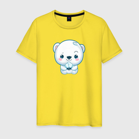 Мужская футболка хлопок с принтом Белый полярный медвежонок в Новосибирске, 100% хлопок | прямой крой, круглый вырез горловины, длина до линии бедер, слегка спущенное плечо. | 