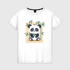 Женская футболка хлопок с принтом Панда кушает бамбук в Санкт-Петербурге, 100% хлопок | прямой крой, круглый вырез горловины, длина до линии бедер, слегка спущенное плечо | 