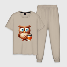 Мужская пижама хлопок с принтом Растрепанная сова с кофе в Белгороде, 100% хлопок | брюки и футболка прямого кроя, без карманов, на брюках мягкая резинка на поясе и по низу штанин
 | 
