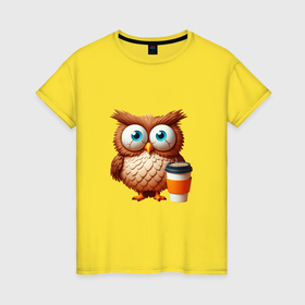 Женская футболка хлопок с принтом Растрепанная сова с кофе в Санкт-Петербурге, 100% хлопок | прямой крой, круглый вырез горловины, длина до линии бедер, слегка спущенное плечо | 