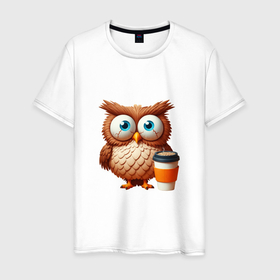 Мужская футболка хлопок с принтом Растрепанная сова с кофе в Екатеринбурге, 100% хлопок | прямой крой, круглый вырез горловины, длина до линии бедер, слегка спущенное плечо. | 