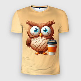 Мужская футболка 3D Slim с принтом Растрепанная сова со стаканчиком кофе в Санкт-Петербурге, 100% полиэстер с улучшенными характеристиками | приталенный силуэт, круглая горловина, широкие плечи, сужается к линии бедра | Тематика изображения на принте: 