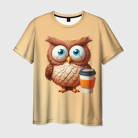 Мужская футболка 3D с принтом Растрепанная сова со стаканчиком кофе в Курске, 100% полиэфир | прямой крой, круглый вырез горловины, длина до линии бедер | Тематика изображения на принте: 