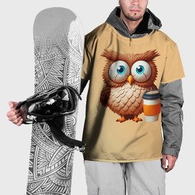 Накидка на куртку 3D с принтом Растрепанная сова со стаканчиком кофе в Курске, 100% полиэстер |  | Тематика изображения на принте: 