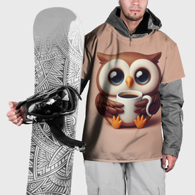 Накидка на куртку 3D с принтом Мультяшная сова держит кружку с кофе в Санкт-Петербурге, 100% полиэстер |  | 