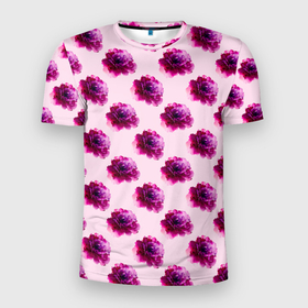 Мужская футболка 3D Slim с принтом Цветы пионы на розовом фоне в Белгороде, 100% полиэстер с улучшенными характеристиками | приталенный силуэт, круглая горловина, широкие плечи, сужается к линии бедра | 