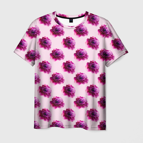 Мужская футболка 3D с принтом Цветы пионы на розовом фоне в Белгороде, 100% полиэфир | прямой крой, круглый вырез горловины, длина до линии бедер | 