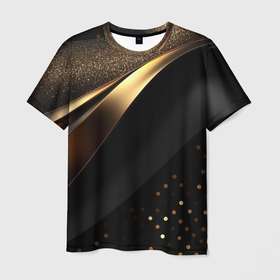 Мужская футболка 3D с принтом Золотые блестки на черной абстракции в Санкт-Петербурге, 100% полиэфир | прямой крой, круглый вырез горловины, длина до линии бедер | 