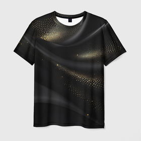 Мужская футболка 3D с принтом Золотые блестки на  черной абстракции в Санкт-Петербурге, 100% полиэфир | прямой крой, круглый вырез горловины, длина до линии бедер | 