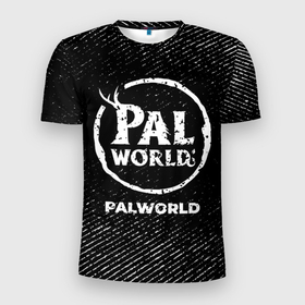 Мужская футболка 3D Slim с принтом Palworld с потертостями на темном фоне в Петрозаводске, 100% полиэстер с улучшенными характеристиками | приталенный силуэт, круглая горловина, широкие плечи, сужается к линии бедра | 