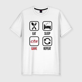 Мужская футболка хлопок Slim с принтом Eat   sleep   Counter Strike 2   repeat в Тюмени, 92% хлопок, 8% лайкра | приталенный силуэт, круглый вырез ворота, длина до линии бедра, короткий рукав | Тематика изображения на принте: 