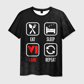 Мужская футболка 3D с принтом Eat, sleep, GTA 6, repeat в Санкт-Петербурге, 100% полиэфир | прямой крой, круглый вырез горловины, длина до линии бедер | 