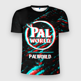 Мужская футболка 3D Slim с принтом Palworld в стиле glitch и баги графики на темном фоне , 100% полиэстер с улучшенными характеристиками | приталенный силуэт, круглая горловина, широкие плечи, сужается к линии бедра | 