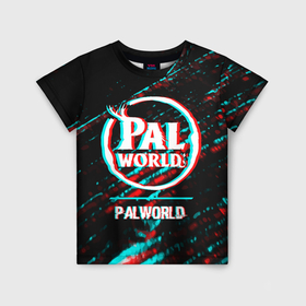 Детская футболка 3D с принтом Palworld в стиле glitch и баги графики на темном фоне в Санкт-Петербурге, 100% гипоаллергенный полиэфир | прямой крой, круглый вырез горловины, длина до линии бедер, чуть спущенное плечо, ткань немного тянется | 