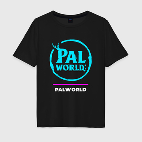 Мужская футболка хлопок Oversize с принтом Символ Palworld в неоновых цветах в Курске, 100% хлопок | свободный крой, круглый ворот, “спинка” длиннее передней части | Тематика изображения на принте: 