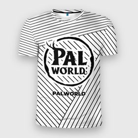 Мужская футболка 3D Slim с принтом Символ Palworld на светлом фоне с полосами в Тюмени, 100% полиэстер с улучшенными характеристиками | приталенный силуэт, круглая горловина, широкие плечи, сужается к линии бедра | 