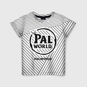 Детская футболка 3D с принтом Символ Palworld на светлом фоне с полосами в Екатеринбурге, 100% гипоаллергенный полиэфир | прямой крой, круглый вырез горловины, длина до линии бедер, чуть спущенное плечо, ткань немного тянется | Тематика изображения на принте: 