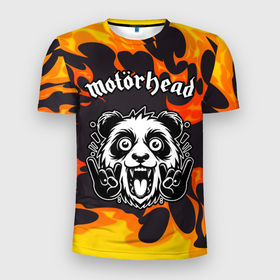 Мужская футболка 3D Slim с принтом Motorhead рок панда и огонь в Тюмени, 100% полиэстер с улучшенными характеристиками | приталенный силуэт, круглая горловина, широкие плечи, сужается к линии бедра | Тематика изображения на принте: 