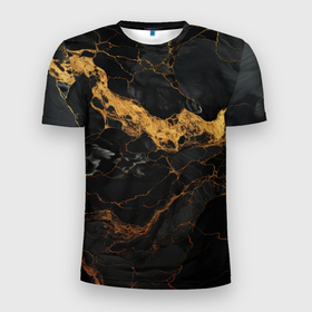 Мужская футболка 3D Slim с принтом Золотистые волны на черной материи в Новосибирске, 100% полиэстер с улучшенными характеристиками | приталенный силуэт, круглая горловина, широкие плечи, сужается к линии бедра | 