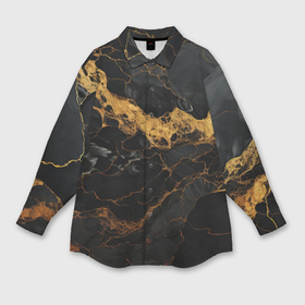 Мужская рубашка oversize 3D с принтом Золотистые волны на черной материи в Белгороде,  |  | 