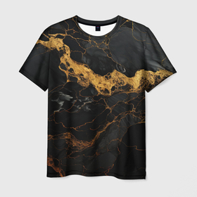 Мужская футболка 3D с принтом Золотистые волны на черной материи в Новосибирске, 100% полиэфир | прямой крой, круглый вырез горловины, длина до линии бедер | 