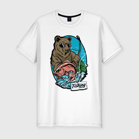 Мужская футболка хлопок Slim с принтом Медведь на рыбалке в Курске, 92% хлопок, 8% лайкра | приталенный силуэт, круглый вырез ворота, длина до линии бедра, короткий рукав | 