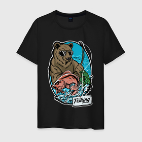 Мужская футболка хлопок с принтом Медведь на рыбалке в Белгороде, 100% хлопок | прямой крой, круглый вырез горловины, длина до линии бедер, слегка спущенное плечо. | 