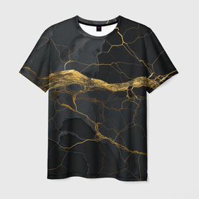 Мужская футболка 3D с принтом Золотое напыление на черной абстракции в Петрозаводске, 100% полиэфир | прямой крой, круглый вырез горловины, длина до линии бедер | 