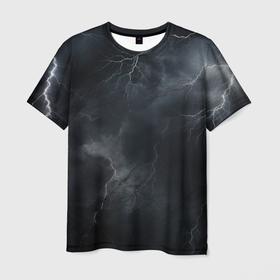 Мужская футболка 3D с принтом Светлая молния на черном фоне в Петрозаводске, 100% полиэфир | прямой крой, круглый вырез горловины, длина до линии бедер | 