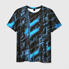 Мужская футболка 3D с принтом Синие неоновые линии в Петрозаводске, 100% полиэфир | прямой крой, круглый вырез горловины, длина до линии бедер | Тематика изображения на принте: 