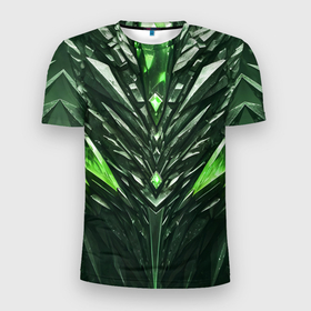 Мужская футболка 3D Slim с принтом Зелёные кристаллы и камень в Екатеринбурге, 100% полиэстер с улучшенными характеристиками | приталенный силуэт, круглая горловина, широкие плечи, сужается к линии бедра | 