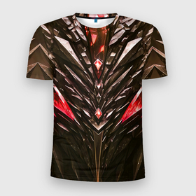 Мужская футболка 3D Slim с принтом Красные кристаллы и камень в Екатеринбурге, 100% полиэстер с улучшенными характеристиками | приталенный силуэт, круглая горловина, широкие плечи, сужается к линии бедра | 