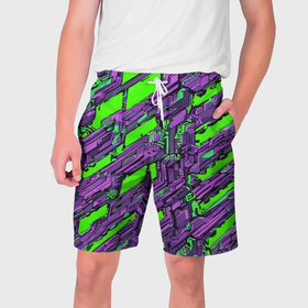 Мужские шорты 3D с принтом Фиолетовые фрагменты на зелёном фоне в Кировске,  полиэстер 100% | прямой крой, два кармана без застежек по бокам. Мягкая трикотажная резинка на поясе, внутри которой широкие завязки. Длина чуть выше колен | 