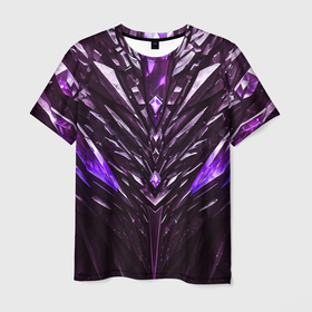 Мужская футболка 3D с принтом Фиолетовые кристаллы и камень в Новосибирске, 100% полиэфир | прямой крой, круглый вырез горловины, длина до линии бедер | Тематика изображения на принте: 